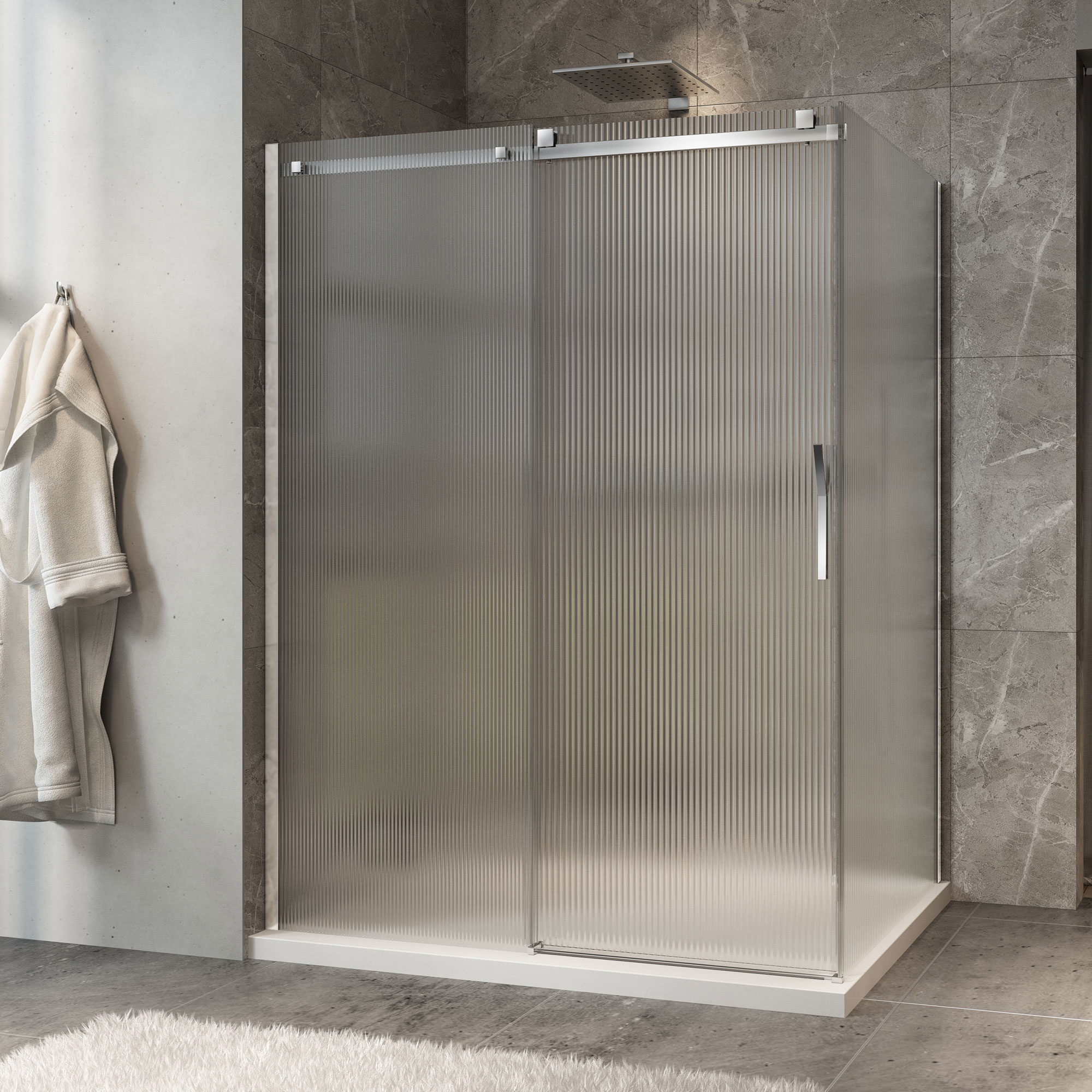 Shower door 60" x 42", in a corner closing on return, wall on the left ...